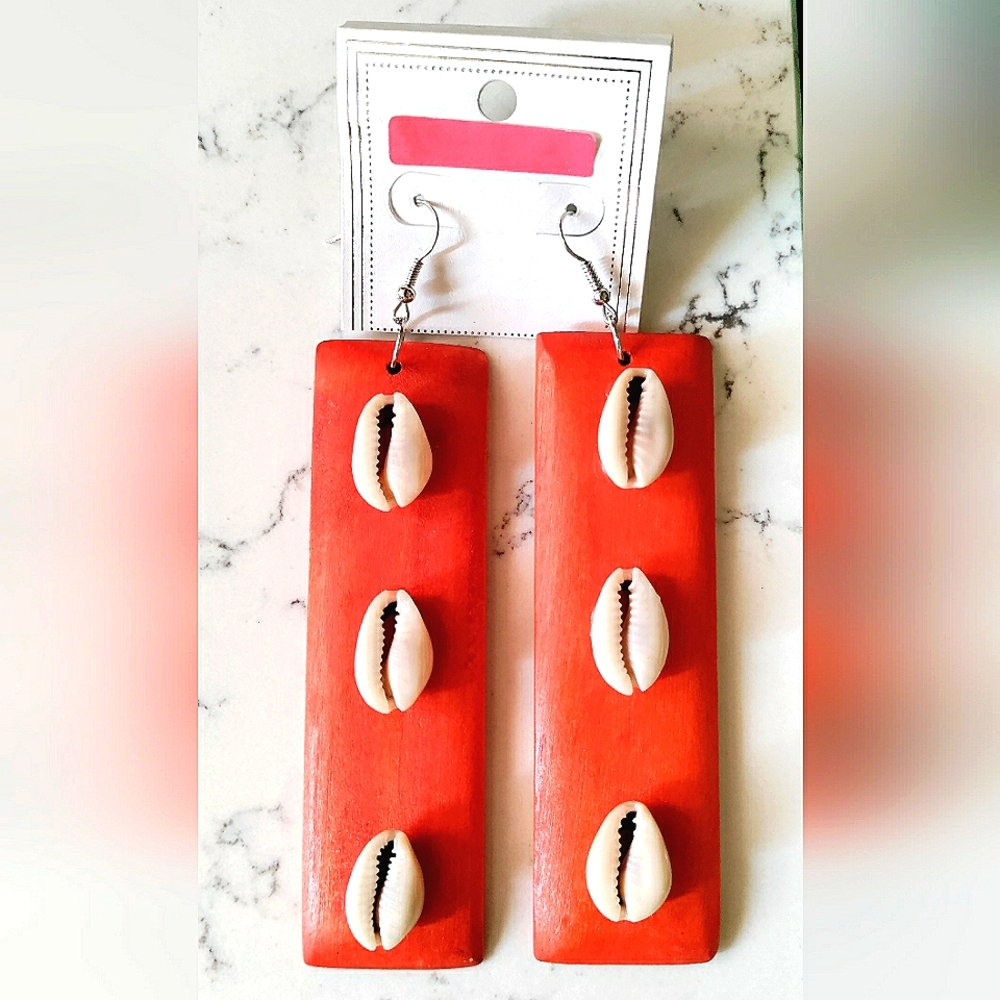 NEW Handcrafted Rectangles w/Cowries Earrings! 4x1". Handpainted Wood. Orange.